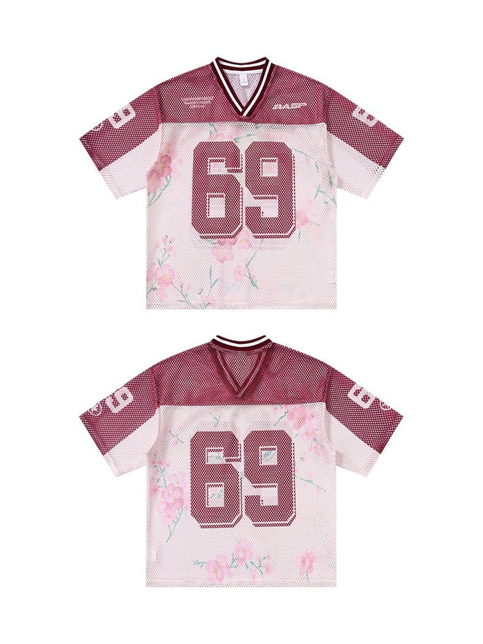 Maroon and white floral mesh jersey T-shirt with large 69 print and streetwear V-neck design