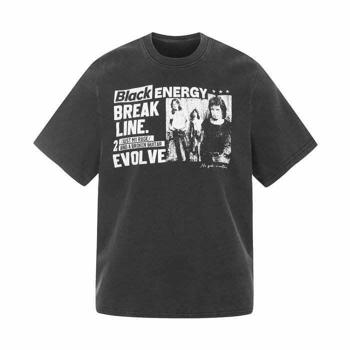 Black washed graphic T-shirt with bold punk-style text and vintage band-inspired print on the chest
