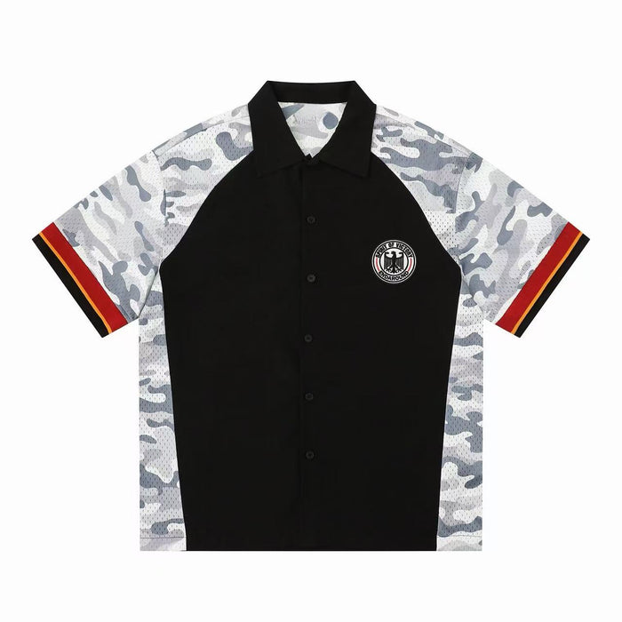 Black button-up shirt with gray camo sleeves, red stripe cuffs, and circular eagle patch on chest