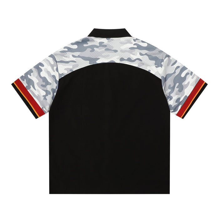 Black streetwear button-up shirt with gray camo sleeves, red trim, and color-blocked back panel