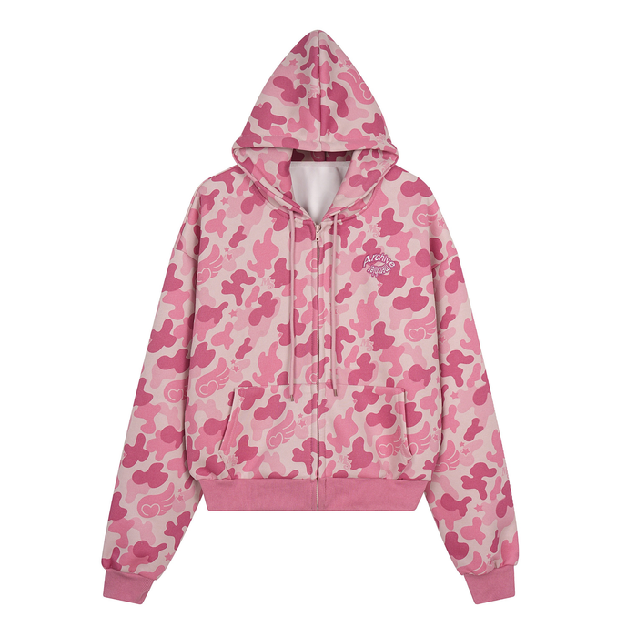 Pink camo zip-up hoodie with hood, drawstrings, front pockets, and ribbed hem