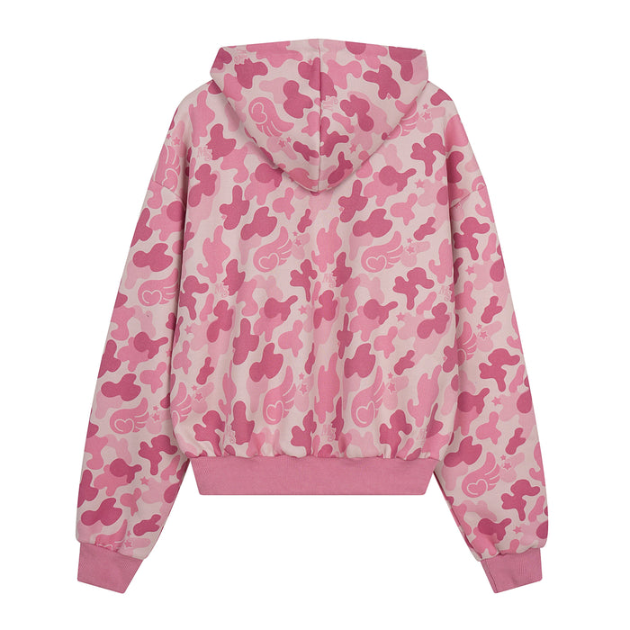 Back view of pink camo zip-up hoodie with hood and ribbed waistband