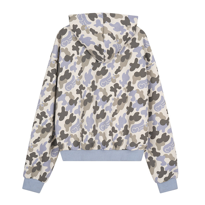 Back view of gray, lavender, and black camo zip-up hoodie with hood