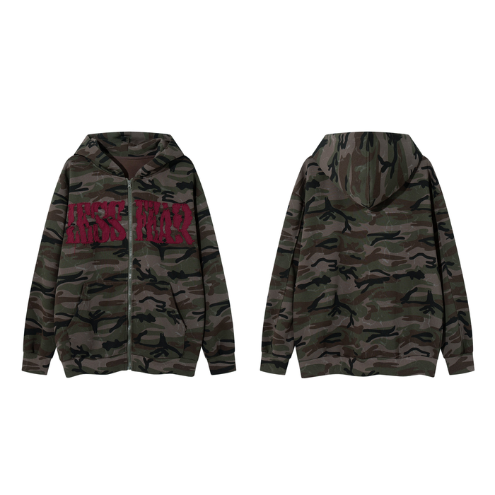 Front view of Omirad camo zip-up hoodie with burgundy chenille varsity text on chest, dark woodland camouflage print