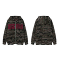 Front view of Omirad camo zip-up hoodie with burgundy chenille varsity text on chest, dark woodland camouflage print