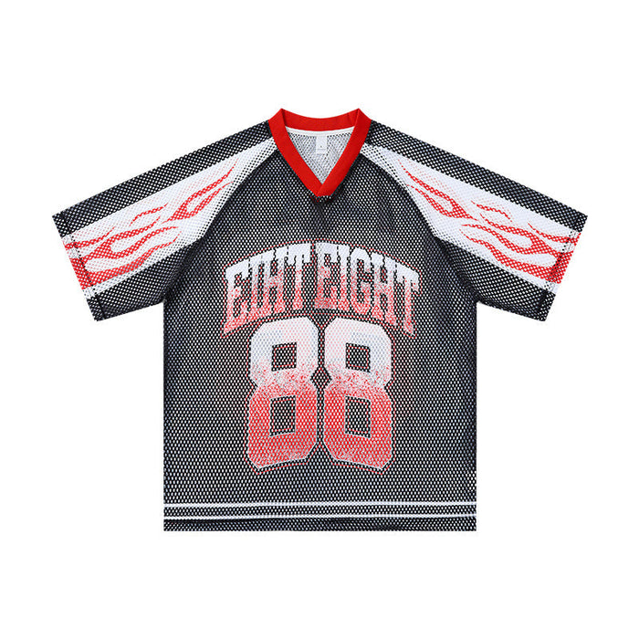 Black mesh jersey with red flame sleeve graphics, gradient number 88 print, and red V-neckline, front view