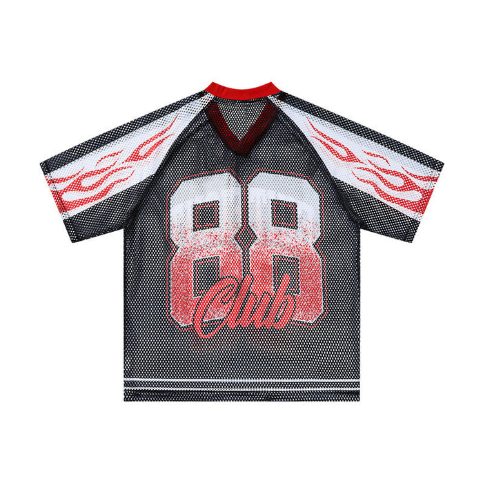 Black mesh jersey T-shirt with red collar, flame sleeve graphics, and large 88 Club print on the front