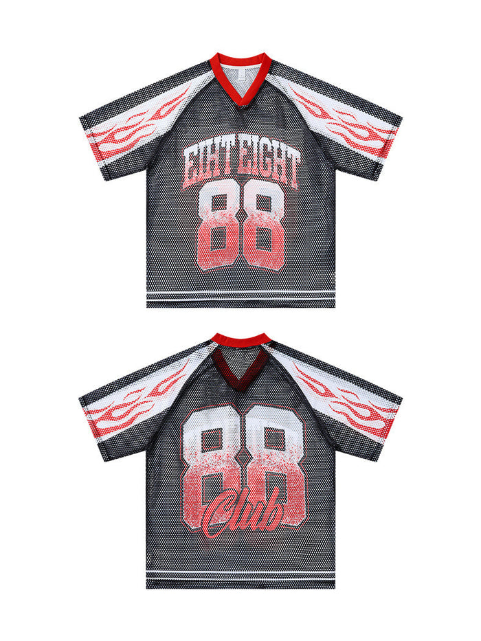 Black mesh jersey T-shirt with red trim, flame sleeves, and varsity 88 graphic on front and back