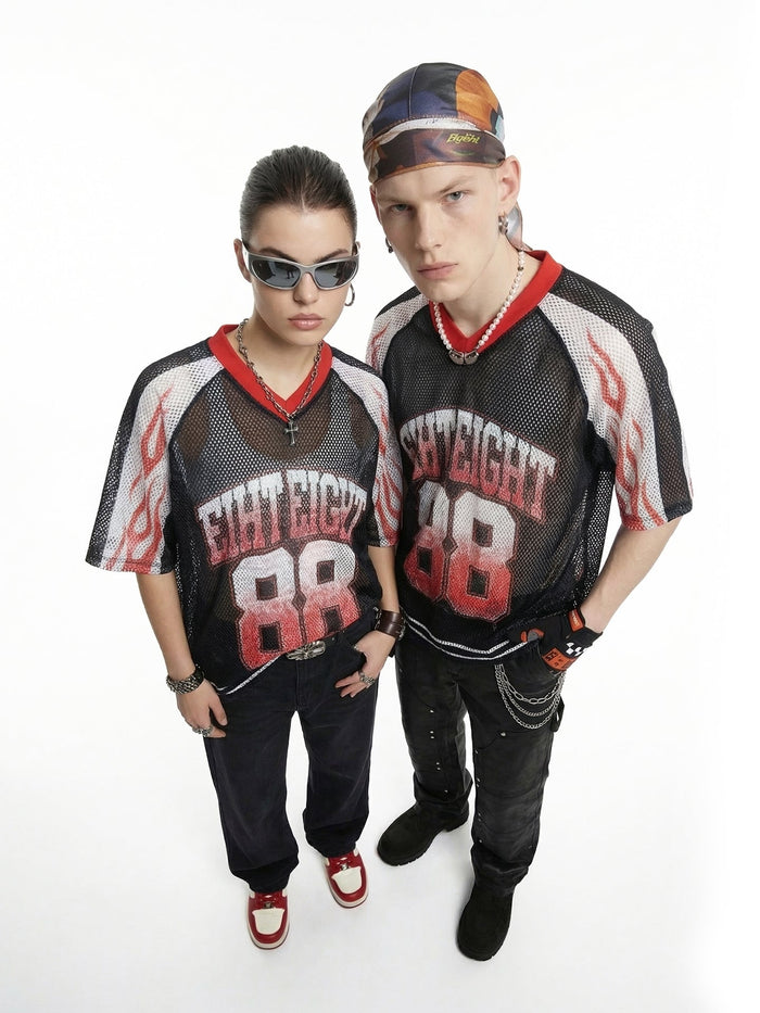 Black mesh streetwear jersey with red flame sleeves and bold 88 College graphic, styled on two models