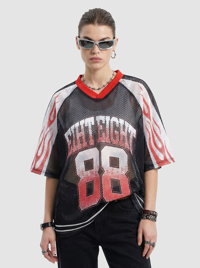 Black mesh streetwear jersey T-shirt with red flame sleeves and large College 88 graphic on the front