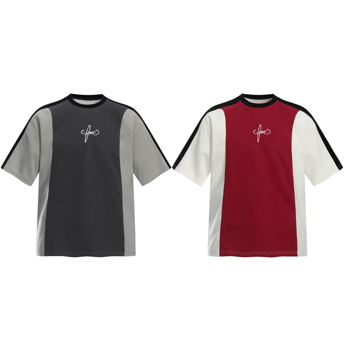 Omirad contrast panel cotton tee in charcoal grey and light grey colorway with embroidered script logo at chest