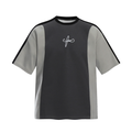 Black and gray color block cotton tee with short sleeves and a small script logo on the chest