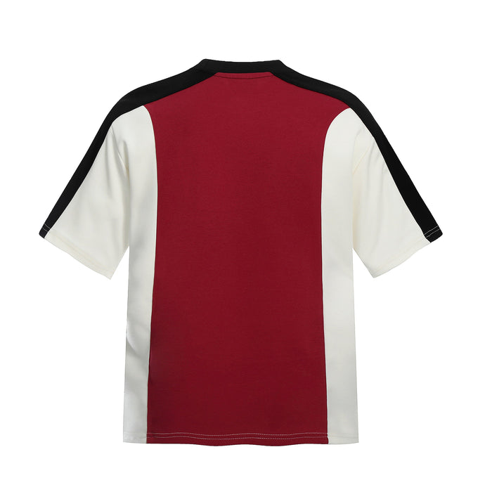 Seakoff color block cotton tee with burgundy back panel, white sleeves, and black trim on a streetwear-style shirt