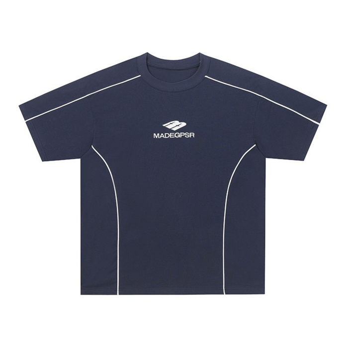 Navy athletic streetwear T-shirt with white piping and centered MADEGPSR logo