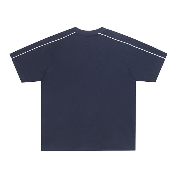 Navy cotton tee with white piping along the shoulders and sleeves, shown flat on a white background
