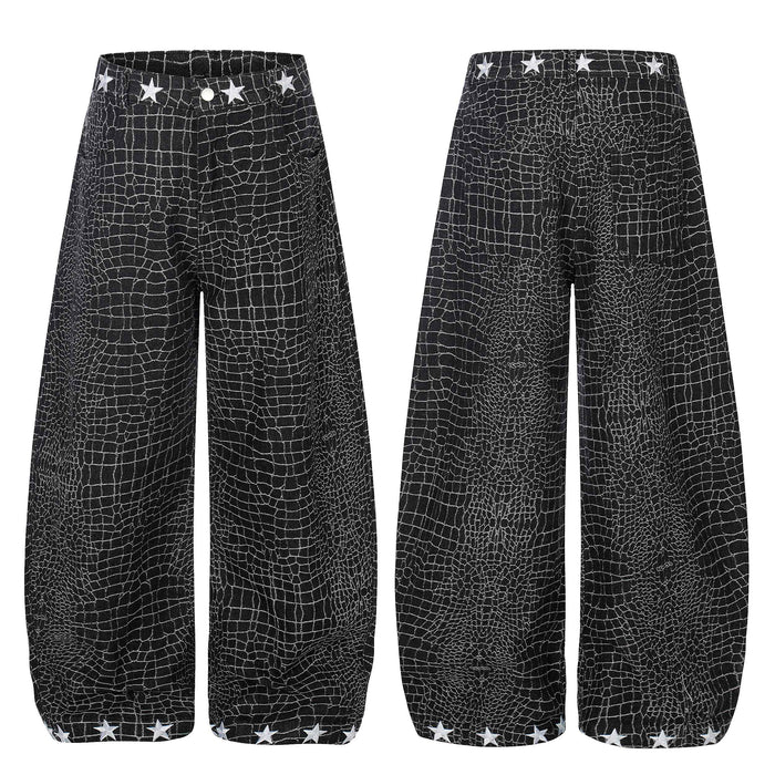Front and back view of black wide-leg balloon pants with crocodile texture print and white star embroidery at waistband and h