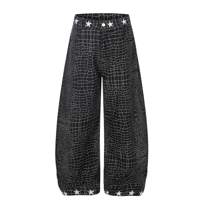 Black wide-leg pants with white star trim, front view
