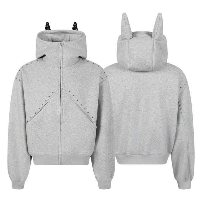 Grey oversized zip hoodie with devil horn hood, studded front panels and back view