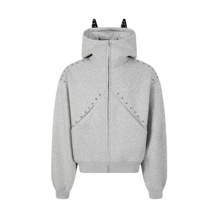 Grey front view of zip hoodie with tall collar, devil horn hood and studded seams