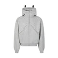 Grey front view of zip hoodie with tall collar, devil horn hood and studded seams
