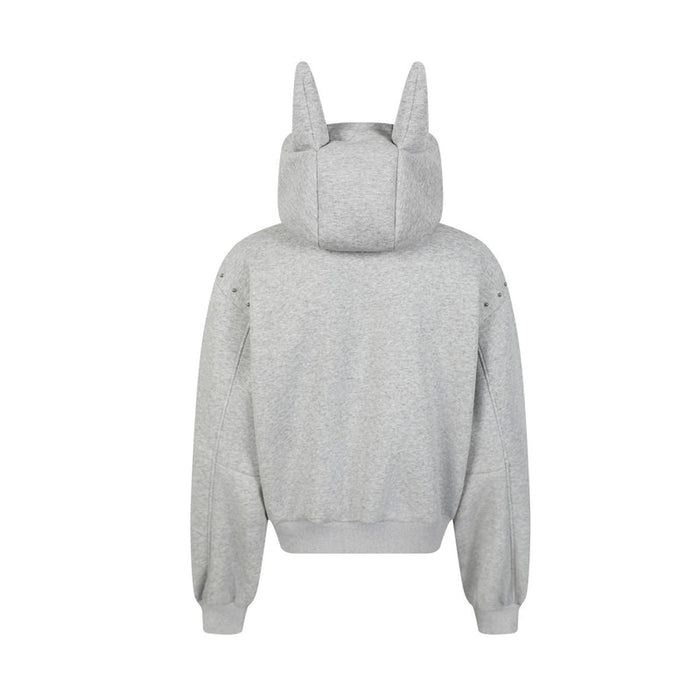 Grey back view of oversized hoodie with devil horn hood and ribbed hem