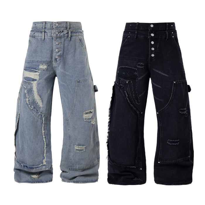 Omirad distressed panel wide-leg denim jeans in washed light blue and washed black, front view, shown side by side