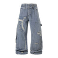 Front view of light blue distressed denim pants with button fly and cargo pocket