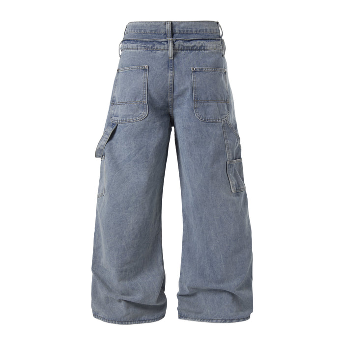 Back view of light blue distressed denim pants with patch pockets and cargo pocket