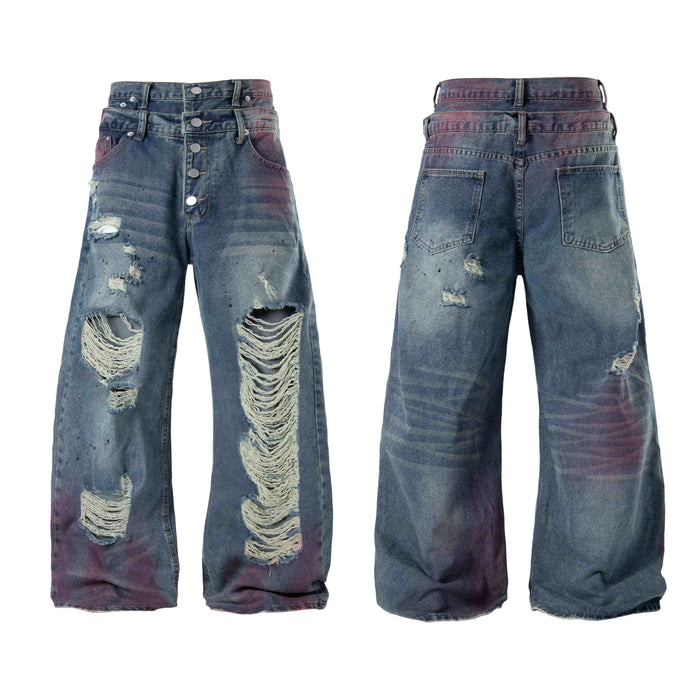 Distressed wide-leg jeans shown front and back, blue washed denim with heavy ripped knees