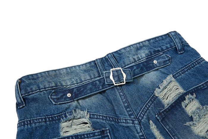 Back waistband close-up showing belt strap, buckle, and ripped denim details