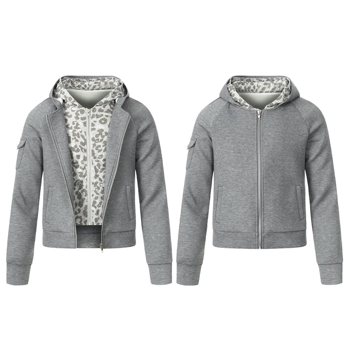 Grey marl zip-up hoodie shown open and closed, revealing a grey leopard-print inner lining and hood