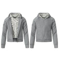 Grey marl zip-up hoodie shown open and closed, revealing a grey leopard-print inner lining and hood