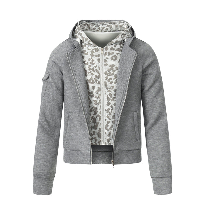 Grey zip-up hoodie with leopard-print inner layer, front view