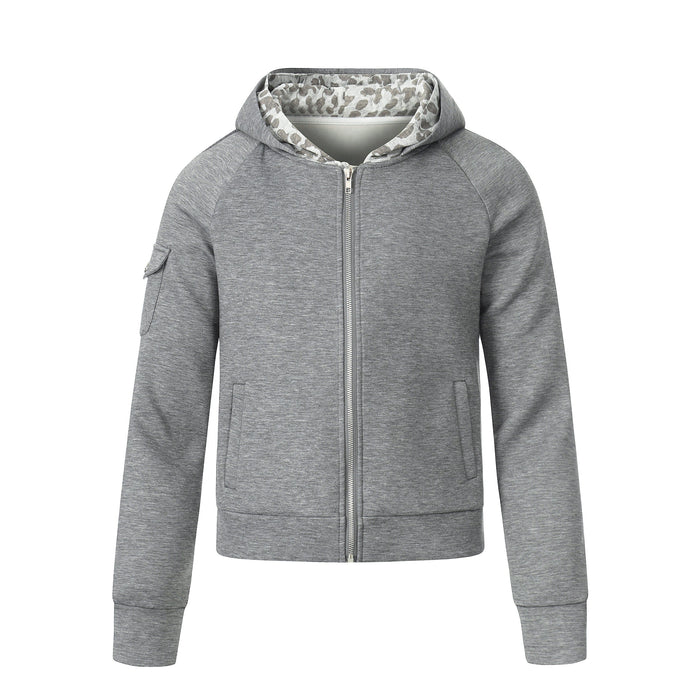 Grey zip-up hoodie with leopard-print hood lining, front closed view