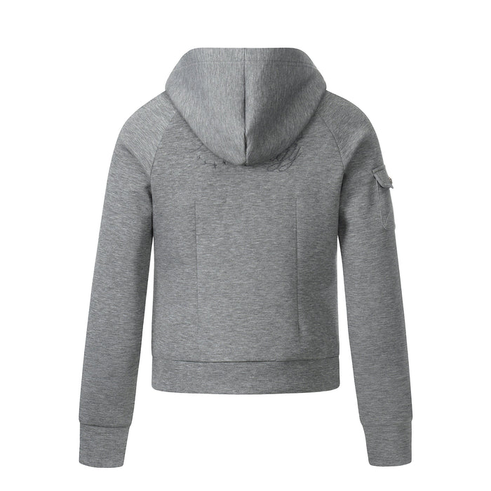 Grey hoodie back view with hood up and zip details