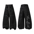 Front and back view of black wide-leg double-waist utility denim pants with contrast stitching and script graphic
