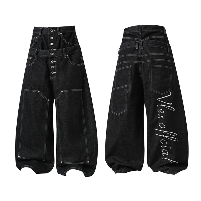 Front and back view of black wide-leg double-waist utility denim pants with contrast stitching and script graphic