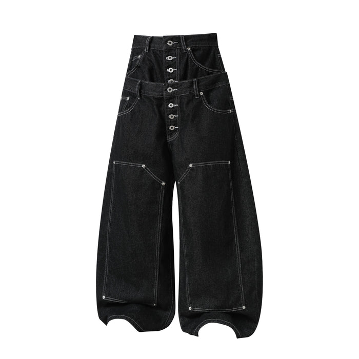 Front view of black wide-leg denim pants with double waist and button fly