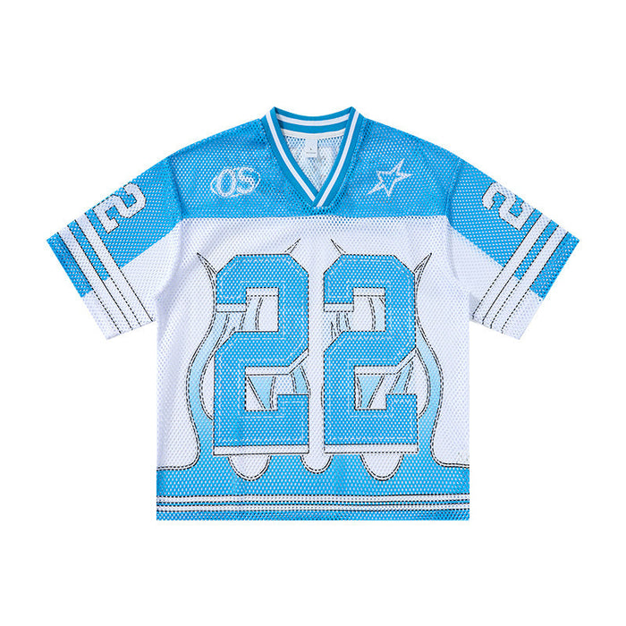 Omirad Eternity 22 Flame mesh jersey t-shirt in sky blue and white with oversized number 22 graphic and flame detailing