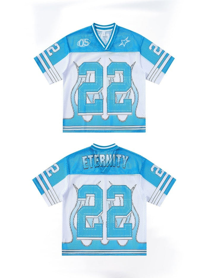 Blue and white mesh jersey T-shirt with number 22 and Eternity graphic, shown front and back on a white background