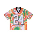 Omirad Eternity 24 mesh jersey t-shirt front view with multicolor liquid gradient print and number 24 graphic