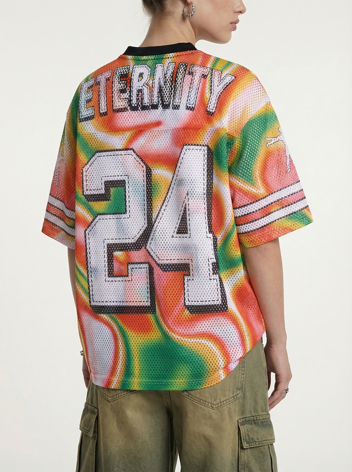 Multicolor gradient mesh jersey T-shirt with Eternity 24 graphic on the back, worn by a model