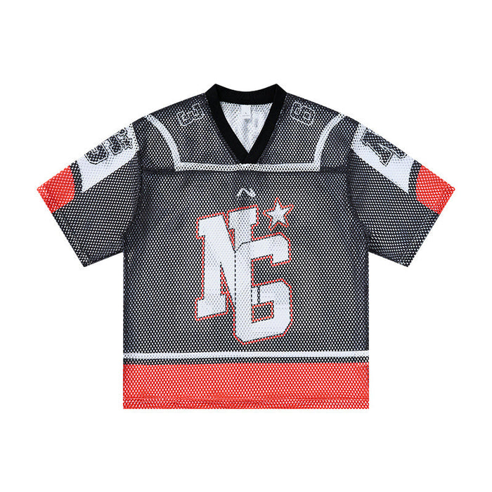 Omirad Eternity 24 black mesh jersey t-shirt with red color block panels and NG varsity graphic on front