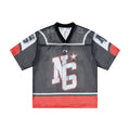 Omirad Eternity 24 black mesh jersey t-shirt with red color block panels and NG varsity graphic on front