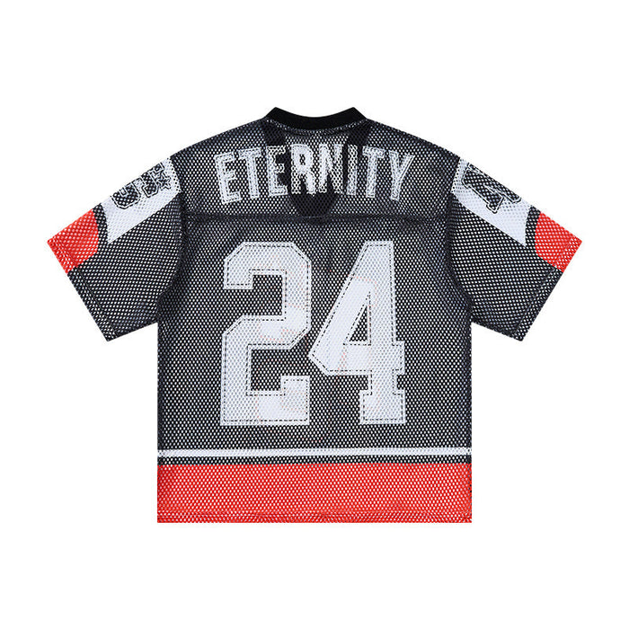 Black mesh streetwear jersey T-shirt with ETERNITY 24 print and red sleeve and hem accents