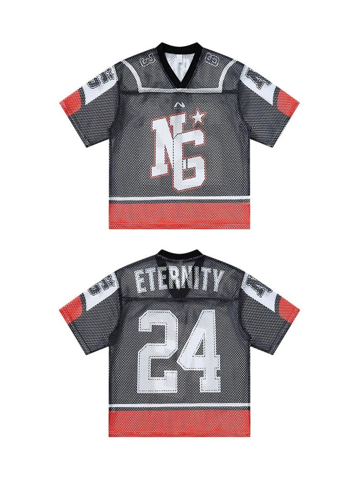 Black mesh jersey T-shirt with red accents, white 24 on the back, and Seakoff Eternity streetwear graphic print