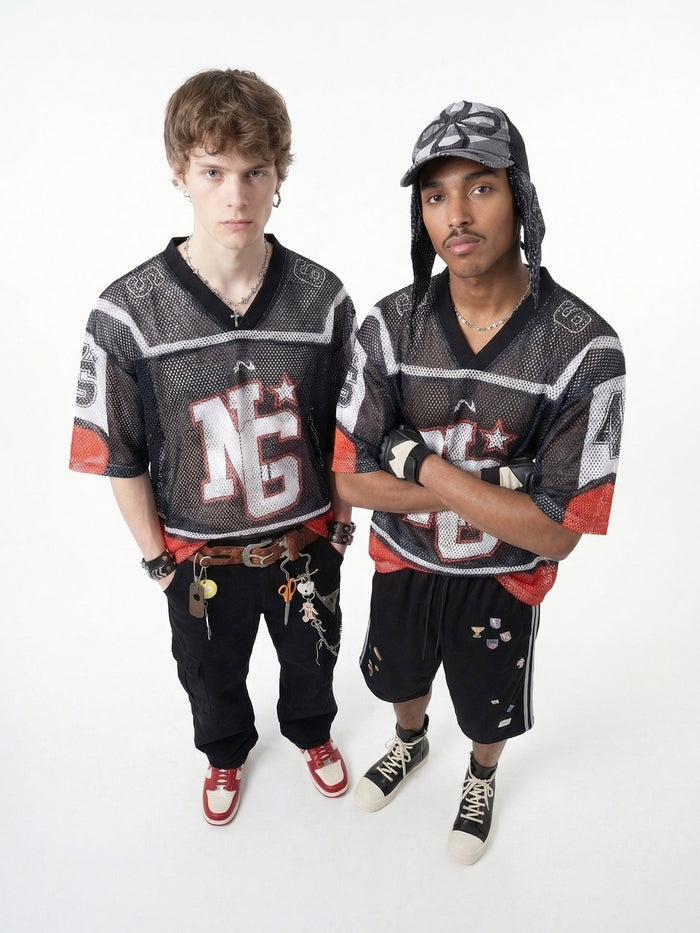 Two models wearing black Seakoff Eternity 24 mesh jersey T-shirts with bold streetwear graphics and V-neck styling
