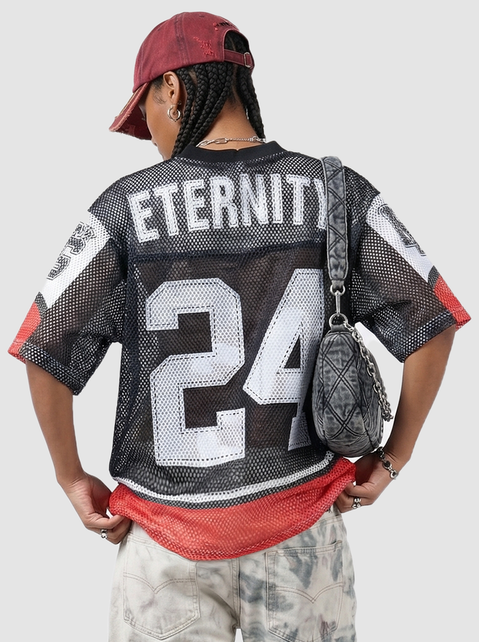Back view of a black mesh jersey T-shirt with ETERNITY 24 print, red accents, and oversized streetwear fit