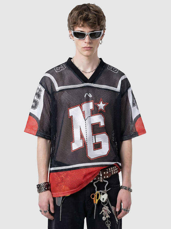 Black mesh jersey T-shirt with red and white accents, bold N6 graphic, and relaxed streetwear fit