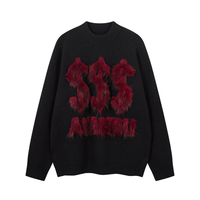 Black knit sweater with bold dark red 3D faux-fur raised lettering on the chest, relaxed fit with ribbed neckline